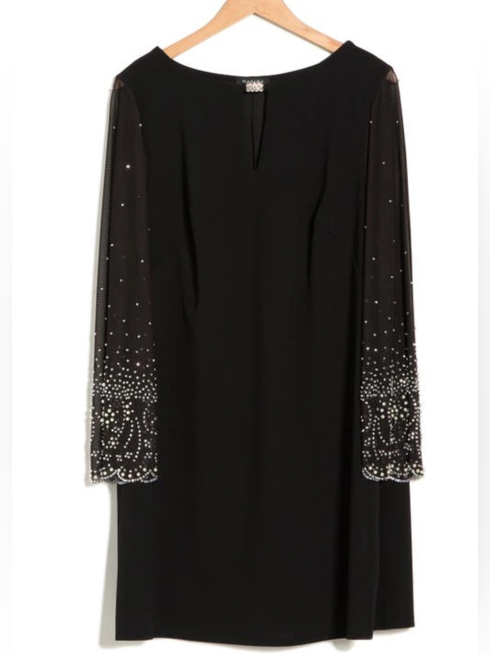 Marina Black Keyhole Dress featuring sheer long embellished sleeves size 12